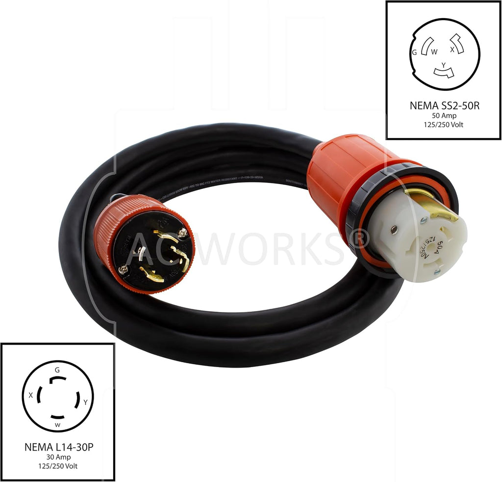 AC WORKS® [L1430M50] Generator L14-30P 30A 4-Prong Plug to 50A RV/Marine Power Inlet Adapter Cord (25FT)