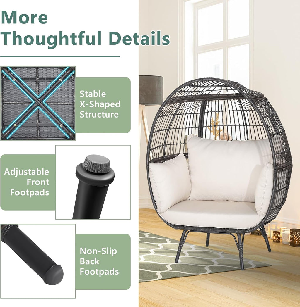 Tangkula Oversized Wicker Egg Chair, Stationary Patio Lounge Basket w/ 4 Soft Cushions, Stable Metal Frame, Gorgeous Indoor Outdoor Lounge Chair, Ideal for Living Room, Backyard, 450 LBS Max Load