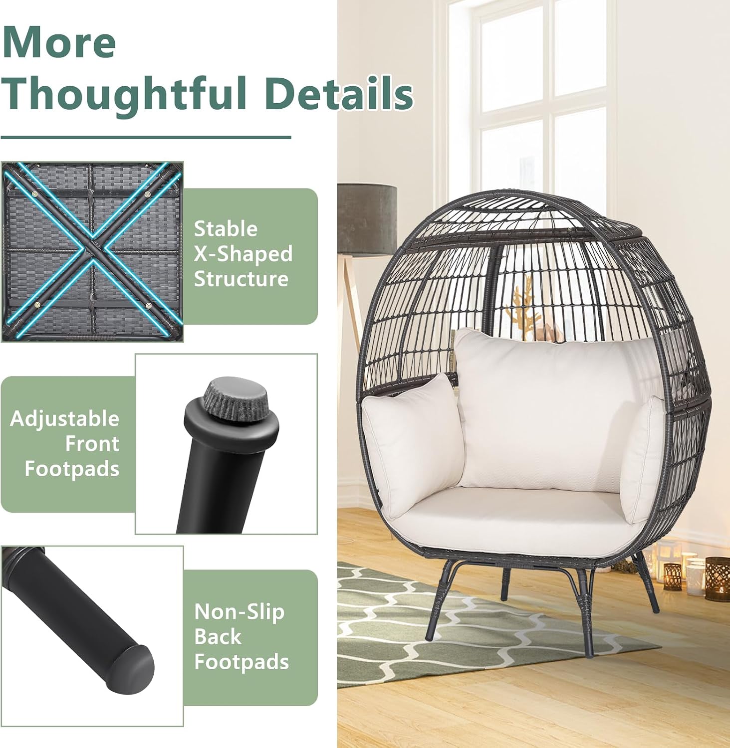 Tangkula Oversized Wicker Egg Chair, Stationary Patio Lounge Basket w/ 4 Soft Cushions, Stable Metal Frame, Gorgeous Indoor Outdoor Lounge Chair, Ideal for Living Room, Backyard, 450 LBS Max Load