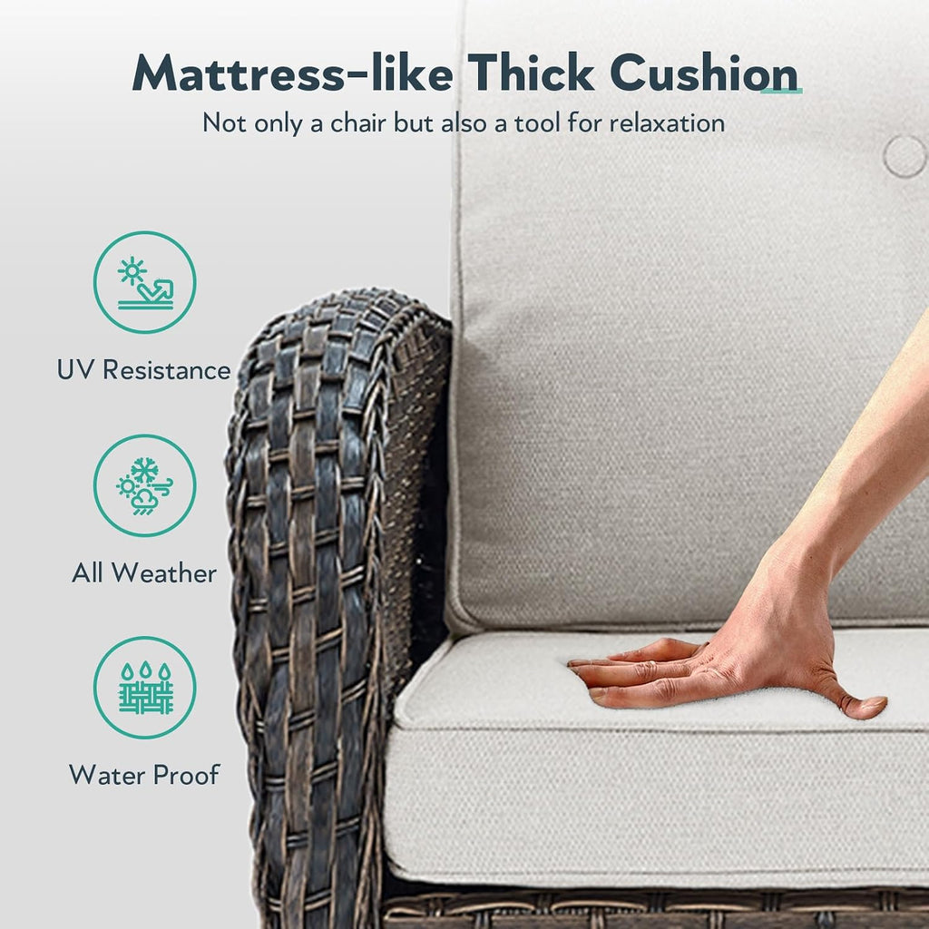 Outdoor Swivel Glider Rocker Chairs Set- 6 Piece Patio Furniture Set with A Glider Loveseat, Tempered Glass Side Table and 2 Ottoman, for Balcony, Porch - Brown Wicker, Beige Cushion