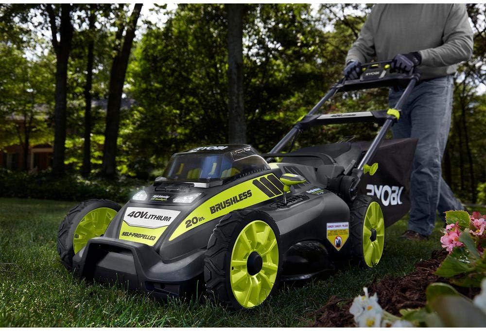 Ryobi. 20' RY40190 40-Volt Brushless Lithium-Ion Cordless Battery Self Propelled Lawn Mower with 5.0 Ah Battery and Charger Included
