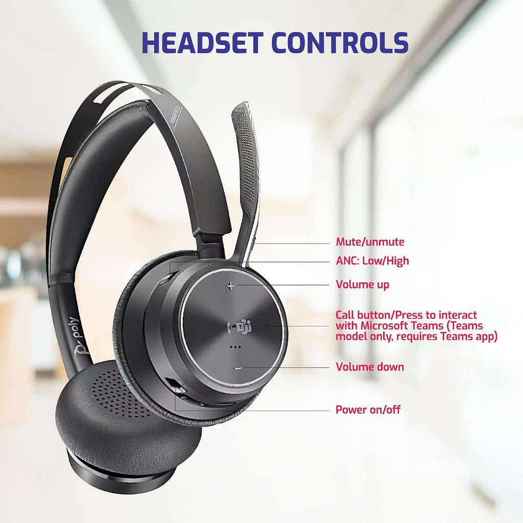 Poly Voyager Focus 2 Bluetooth Headset with Noise Blocking Mic - USB-C/A Dongle Adapters for PC using MS Teams, Zoom - Pairs to Both Cellphone and Laptop - Charging cable, and GTW Microfiber Cloth