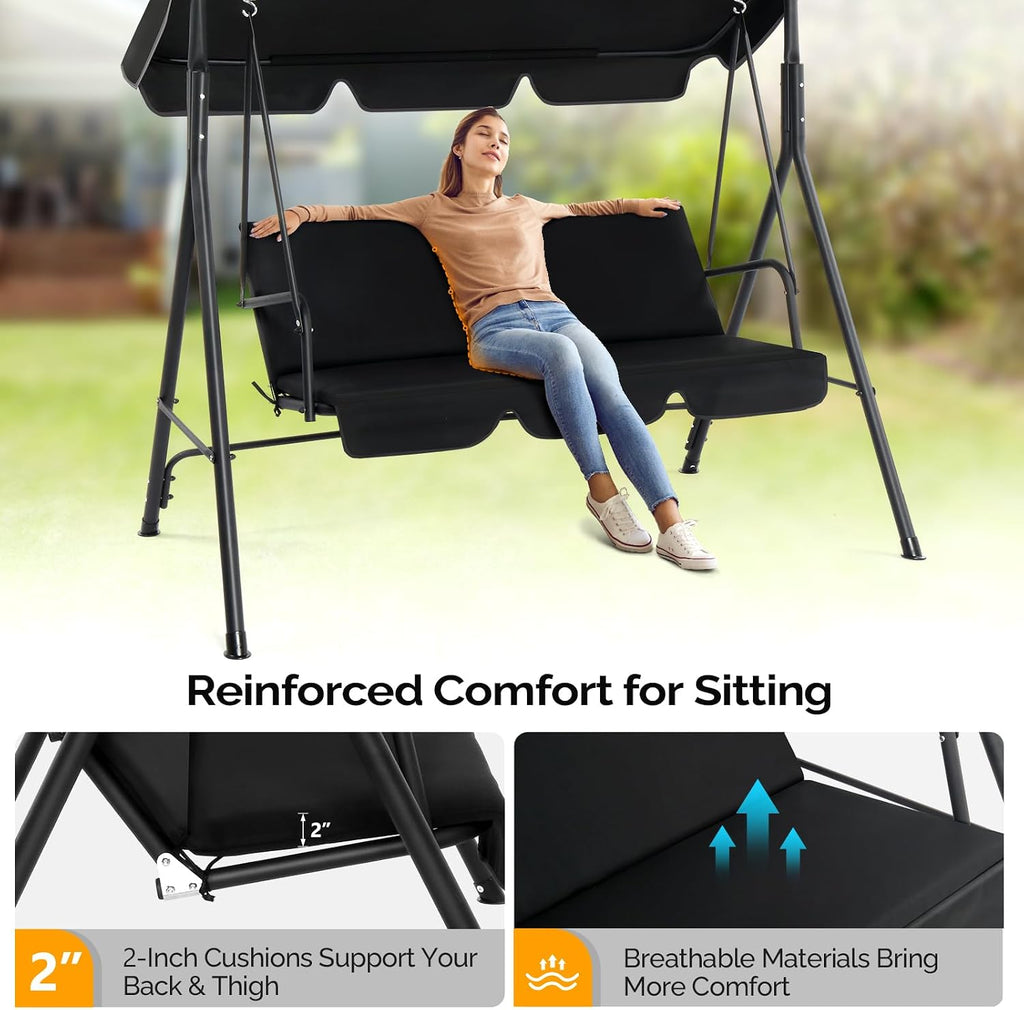 VINGLI Heavy Duty 550 LBS Upgraded 2 Person Outdoor Porch Swing with Stand, Adjustable Canopy Swing with Cushions & Steel Frame for Yard, Pool, Lawn, Indoors (Black)