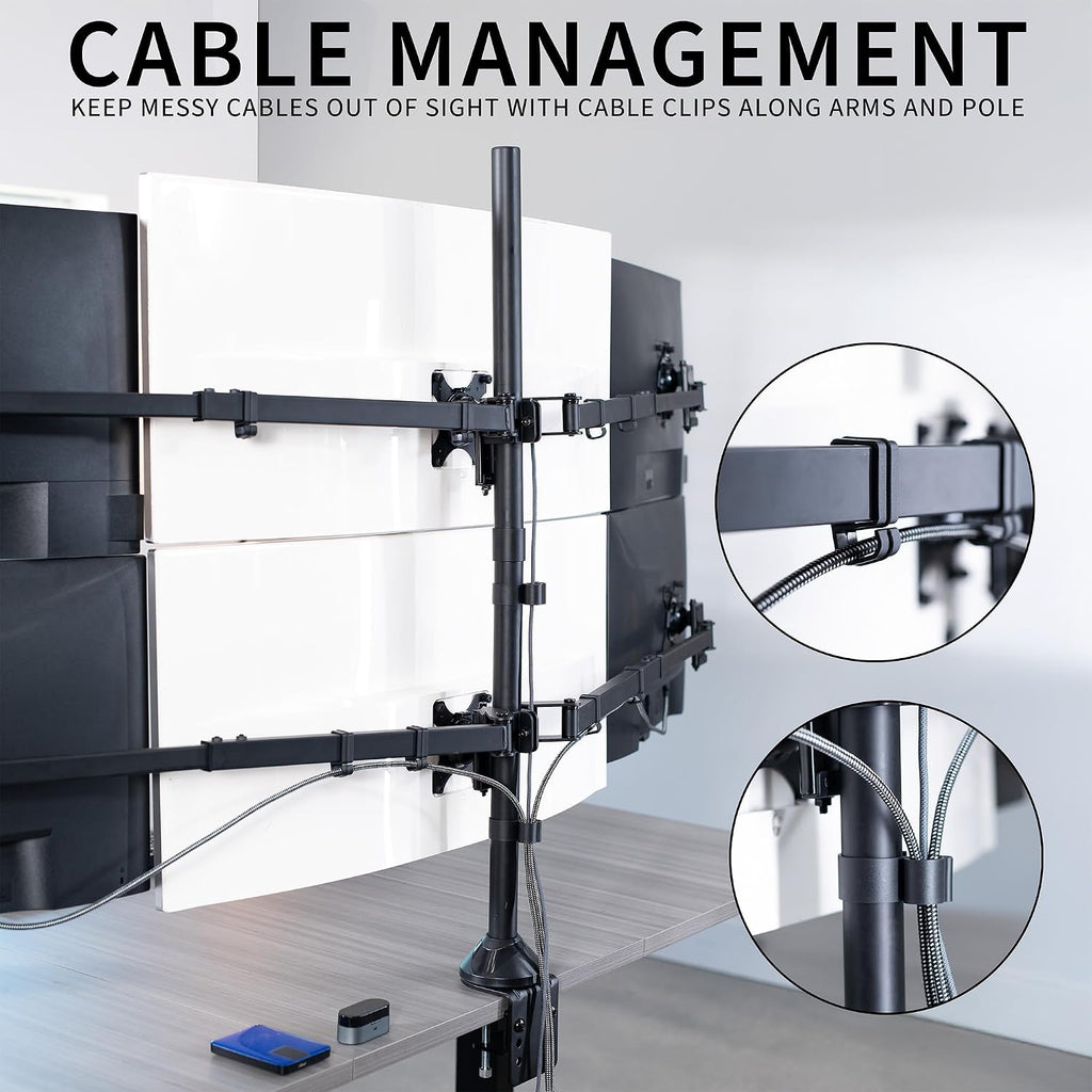 VIVO Premium Hex Ultra Wide LCD LED 27 to 38 inch Monitor Desk Mount, Heavy Duty C-clamp, Extra Tall Pole, Adjustable Telescoping Arms, Flush Wall Setup, Fits 6 Screens, Black, STAND-TS06C