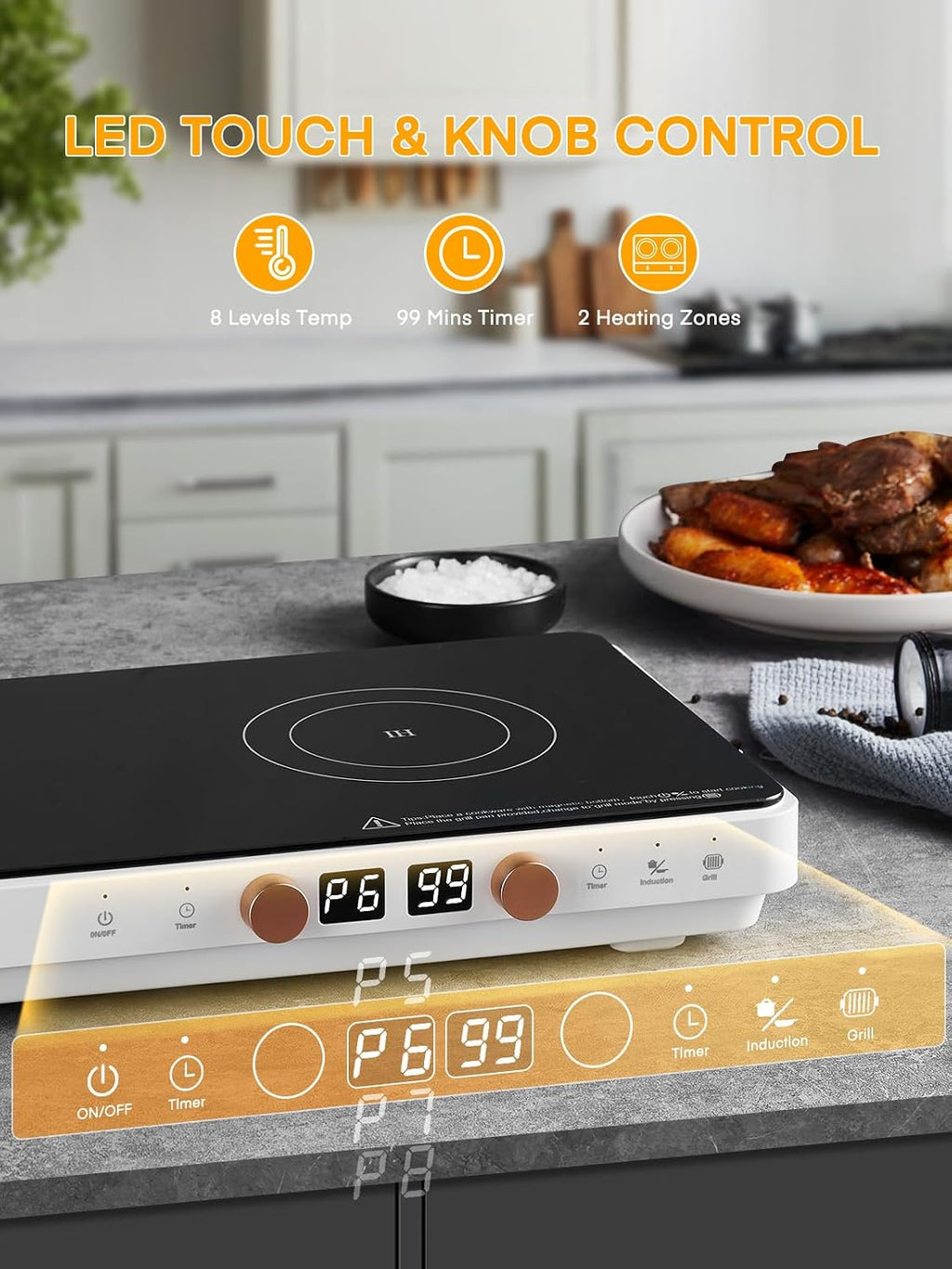 Induction Cooktop 2 Burners, Double Induction Griddle Cooktop 1800W with Removable Iron Cast Griddle Pan Non-stick, Independent Temperature Control, 8 Power Levels, 99 Min Timer for Magnetic Cookware