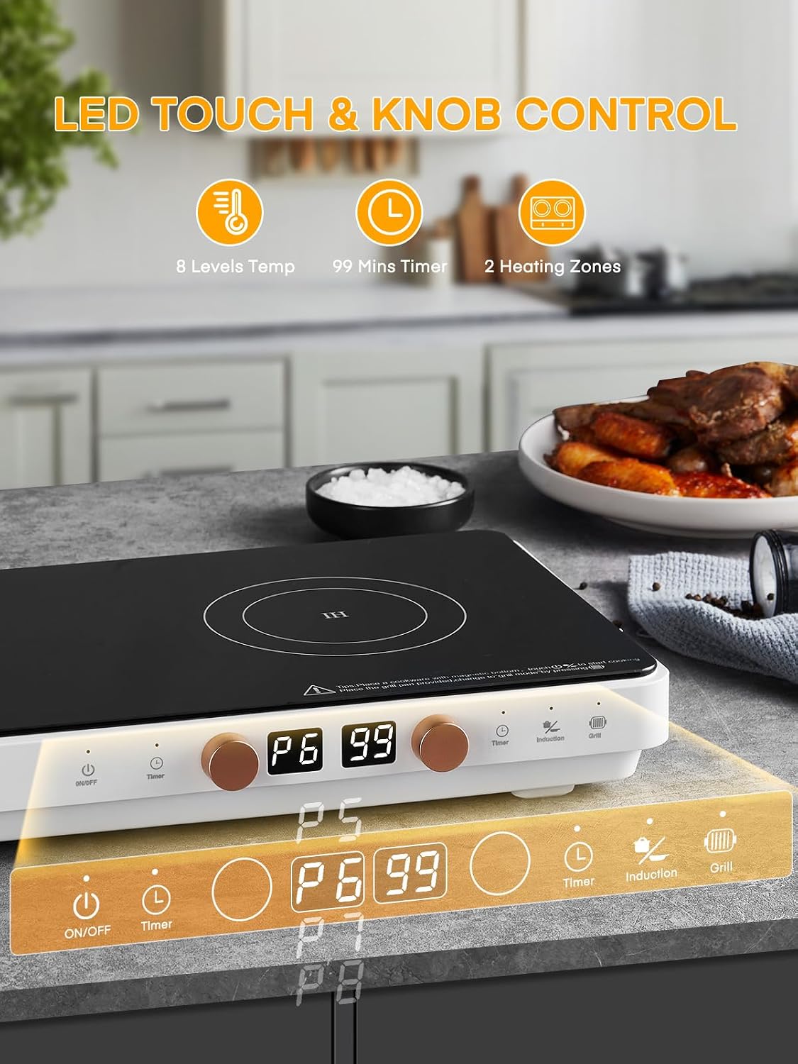 Induction Cooktop 2 Burners, Double Induction Griddle Cooktop 1800W with Removable Iron Cast Griddle Pan Non-stick, Independent Temperature Control, 8 Power Levels, 99 Min Timer for Magnetic Cookware