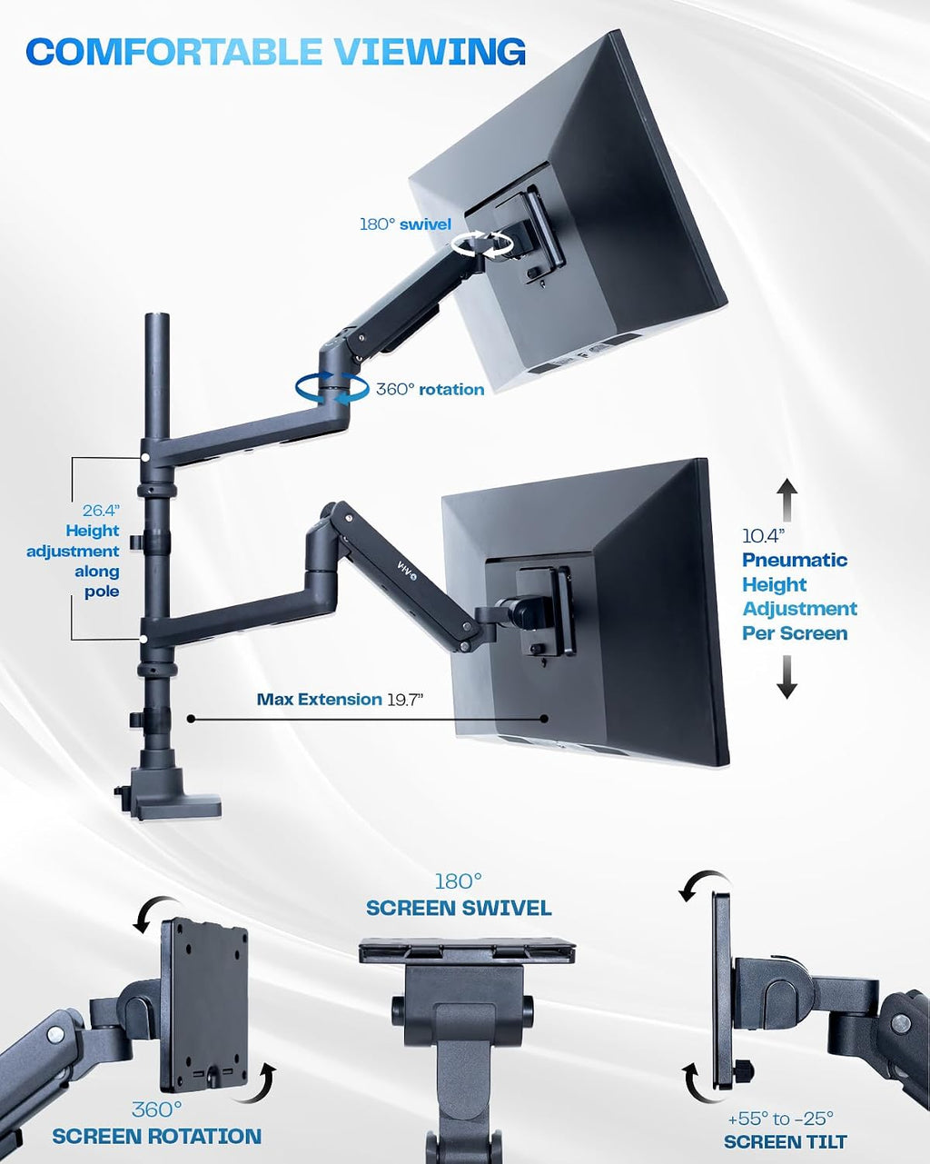 VIVO Pneumatic Arm Dual Ultrawide Monitor Extra Tall Desk Mount for Up to 49 inch Screens, Heavy Duty Clamp, Holds 2 Ultra Wides Up to 44 lbs, Black, STAND-V120K