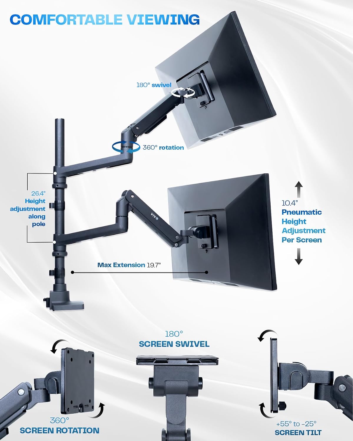 VIVO Pneumatic Arm Dual Ultrawide Monitor Extra Tall Desk Mount for Up to 49 inch Screens, Heavy Duty Clamp, Holds 2 Ultra Wides Up to 44 lbs, Black, STAND-V120K