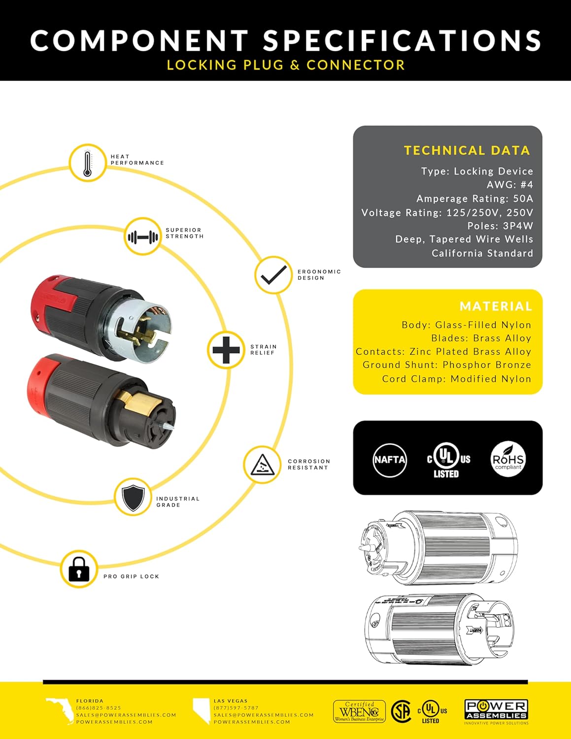 Spider Box Twist-Lock Generator Power Extension Cord, 50 Amp, 125/250V, SOOW Cable Type, Gauge 6/4, Professional-Grade California Standard Locking Extensions, 50' Long, Black