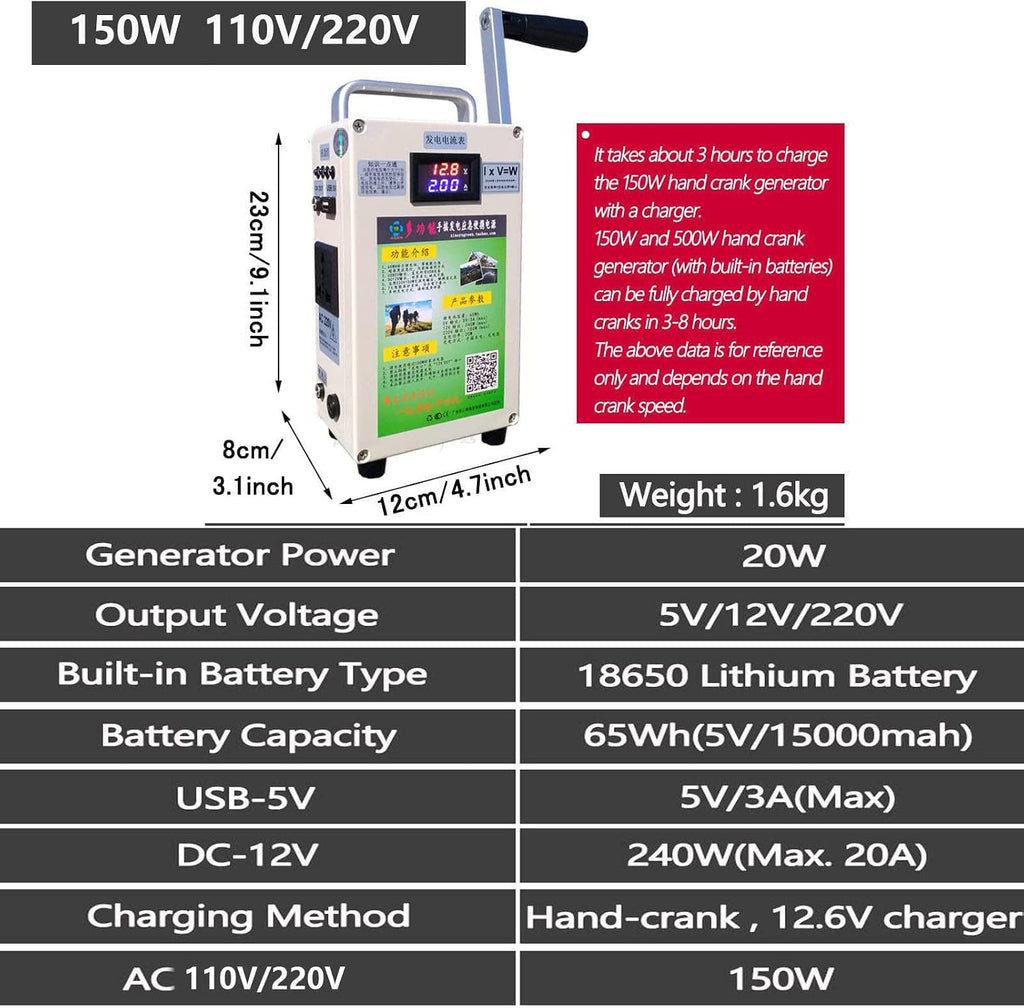 150W Outdoor Emergency Generator, Portable Hand Crank Generator,110v /220v DC12V USB 5V Small Power Supply,for Emergency,Camping,Sudden Power Outages,150W-110V
