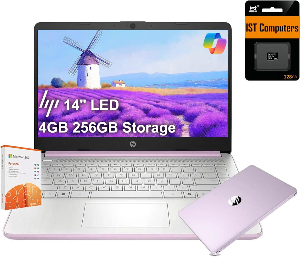 HP 14 Ultra-Light Laptop for Student & Home (14' LED, 1-Year Office 365, Intel 4-Core N150 (>N4120), 4GB RAM, 256GB Storage (128GB+128GB)), Long Battery Life, Fast Charge, Webcam, Win 11 S, Lavender