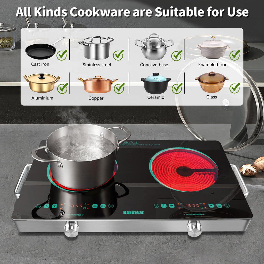 Karinear 2 Burner Electric Cooktop 110V, Portable Electric Stove with Handle, Knob Control Electri Hot Plate, Ceramic Countertop Burner, Timer, Safety Lock, 9 Power Level, 2000W, 24 inch(Green)