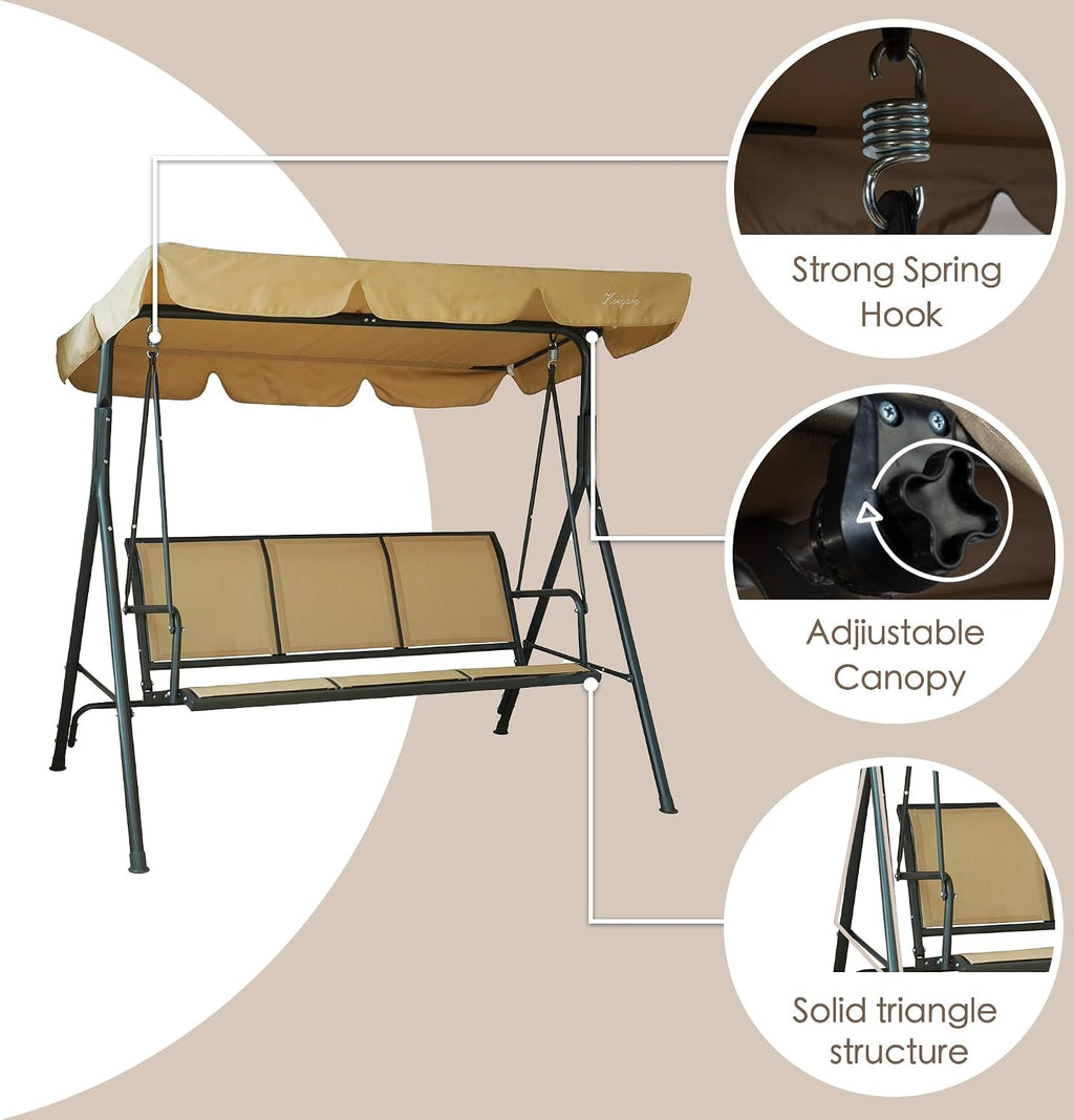 Kozyard 3-Person Outdoor Canopy Porch Swing Chair, Breathable Textilene Armrest Seat, Adjustable Shade, Heavy-Duty Powder-Coated Steel Frame Swing for Patio, Backyard, Poolside & Balcony, Beige