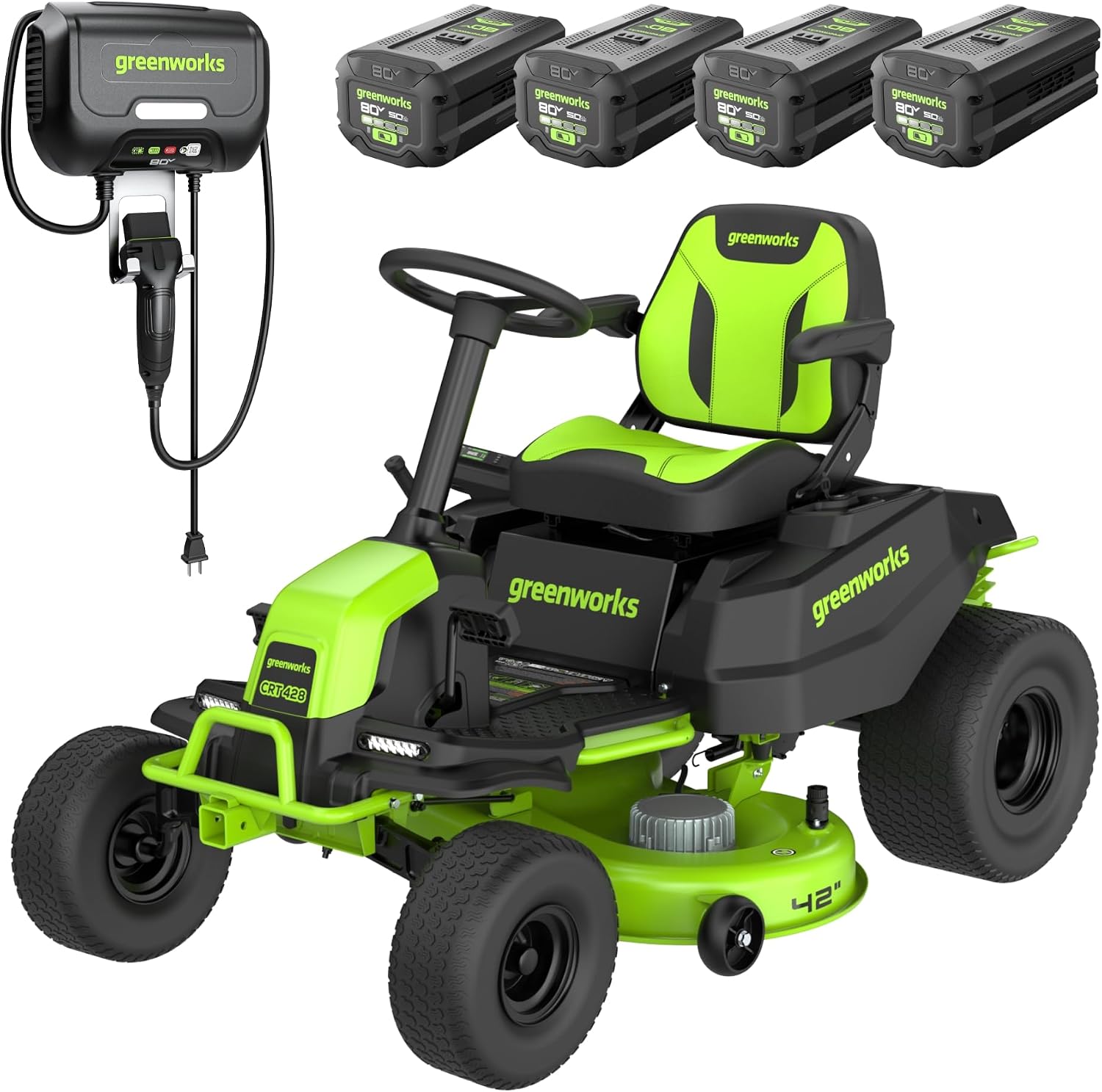 Greenworks 80V 42' Riding Lawn Mower (2 Acre, 32 HP Gas Equivalent, 5 MPH, Cargo Bin, Tow Up to 200 lbs.), (4) 5.0Ah Batteries (1,600 Wh Max) + Turbo Wall Charger