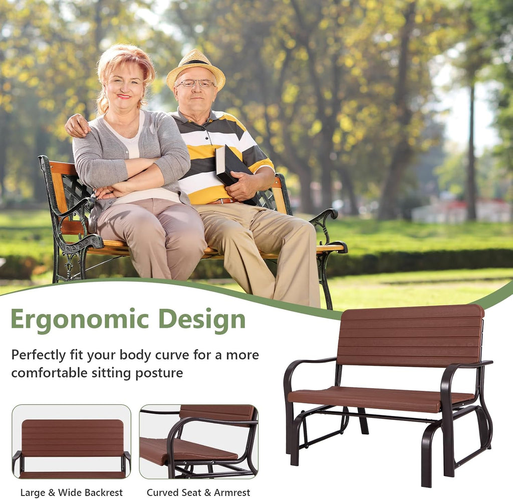 Tangkula Outdoor Glider Bench, Porch Glider Loveseat Swing Bench with w/Steel Frame, 2-Seat Rocking Chair for Porch, Garden, Backyard, Lawn (Coffee)