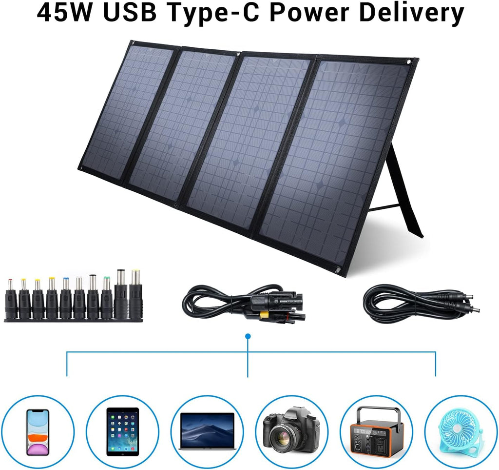 iClever 100W Foldable Solar Panel Charger for Jackery/EF ECOFLOW/ROCKPALS Portable Power Station Generator, Quick Charge 3.0, 45W Type-C Power Delivery for Outdoor Camping Phone Hiking Emergency