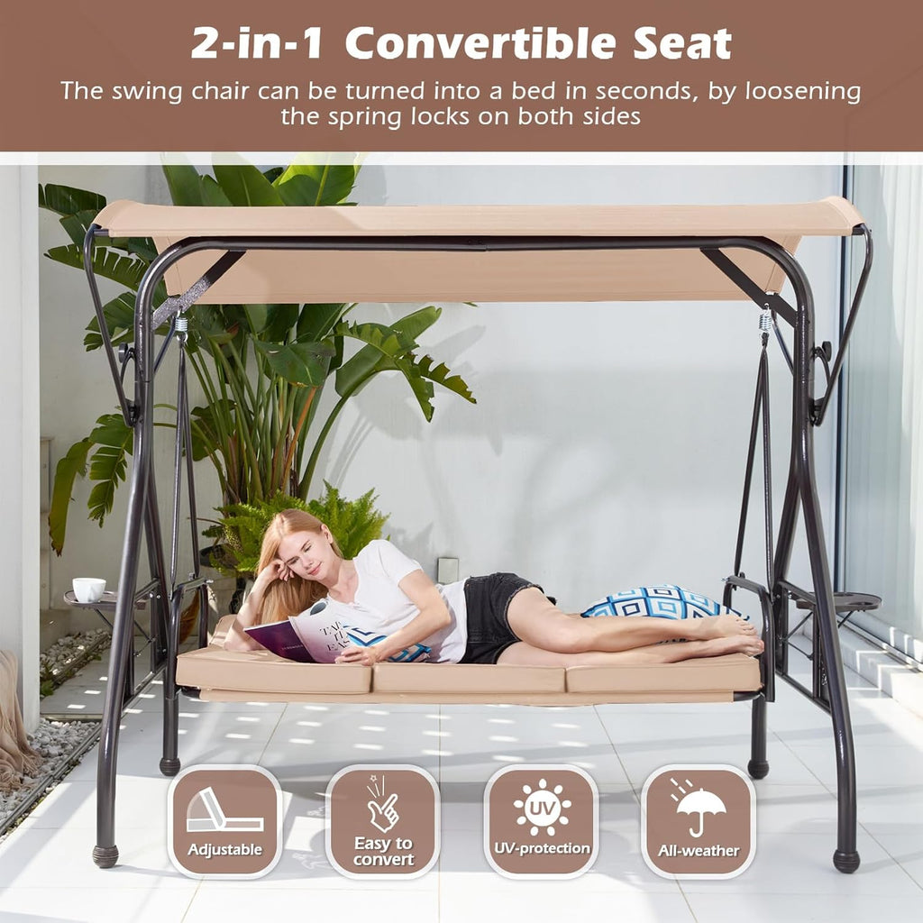 ZZW 800LBS Patio Swing with Canopy 3 Seat Outdoor Porch Swing with Stand w/Cup Holder & Pillow Glider Chair Swing Bed for Patio Backyard Poolside (Khaki)