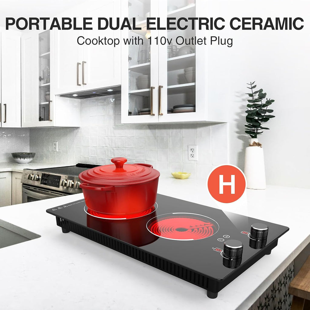 110v Electric Cooktop 2 Burners, 12'' Electric Stove Top with Plug in, Knob Control Countertop & Built-in Ceramic Cooktop, 9 Power Levels, Child Lock, Timer, Over-Heat Protection