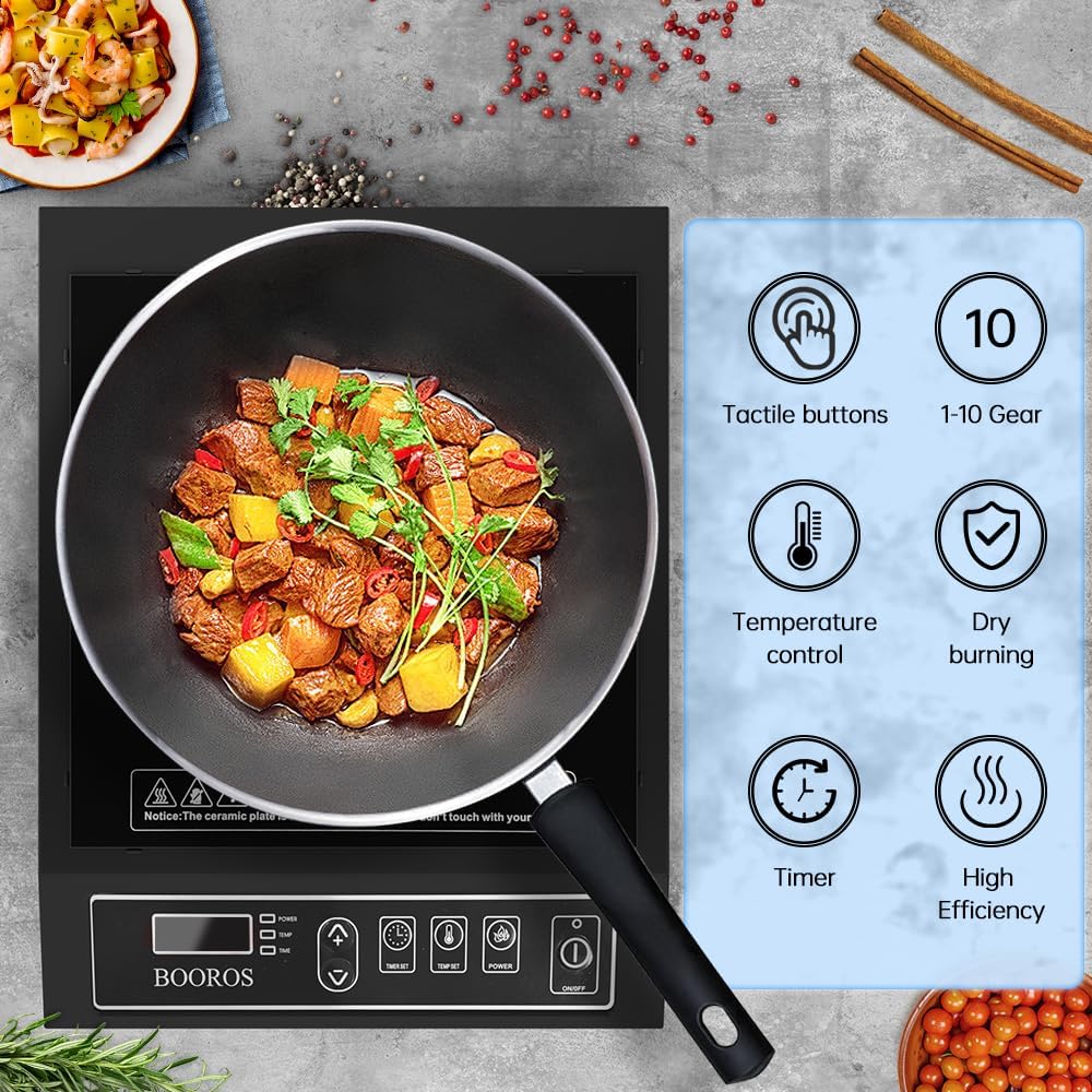 BOOROS Portable Induction Cooktop 1800W Induction Hot Plates for Countertop,8.66-Inch Dual Heating Coils,10 Temperature Levels 175-520°F (80-270°C),24-Hour Timer,Key Touch,Easy to Clean,Black,110V