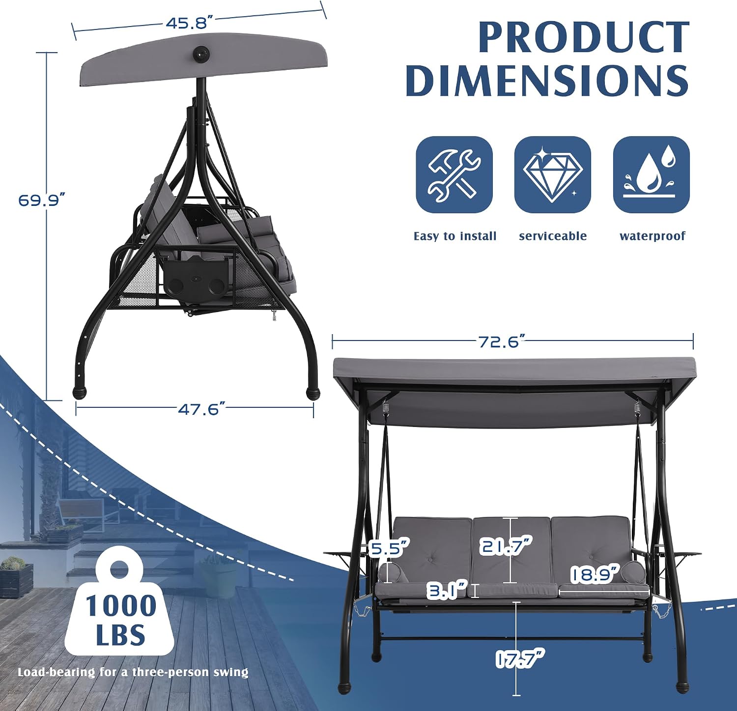 Grepatio 3-Seat Outdoor Porch Swing with Adjustable Canopy, 3 Person Convertible Porch Swing Bed with Stand, Heavy Duty Patio Swing with Cup Holder and Pillows, Cushion for Garden, Poolside (Grey)