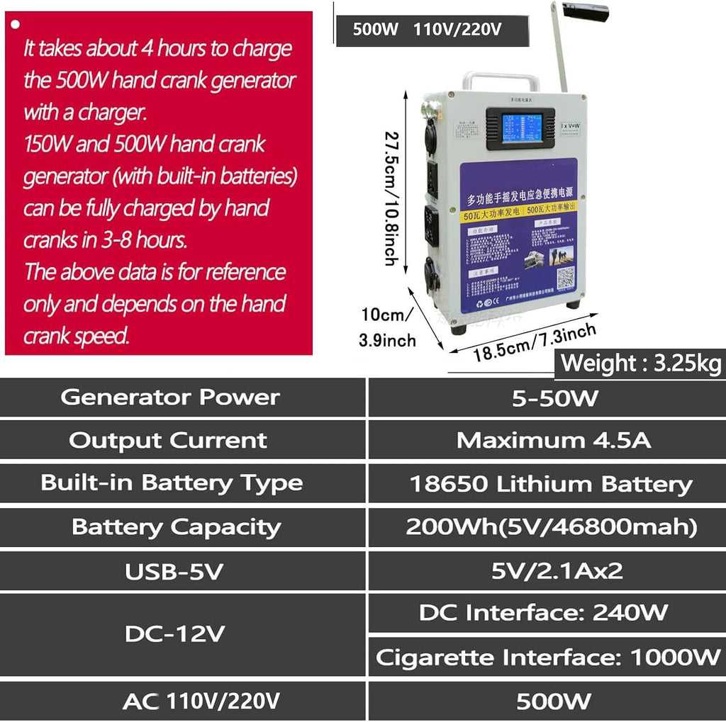 150W/500W Crank Generator, Camping Hand Crank Generator for Mobile Phone, Portable Power Station with 220V Outlets DC12V USB5V Emergency Power Supply,500W-220V