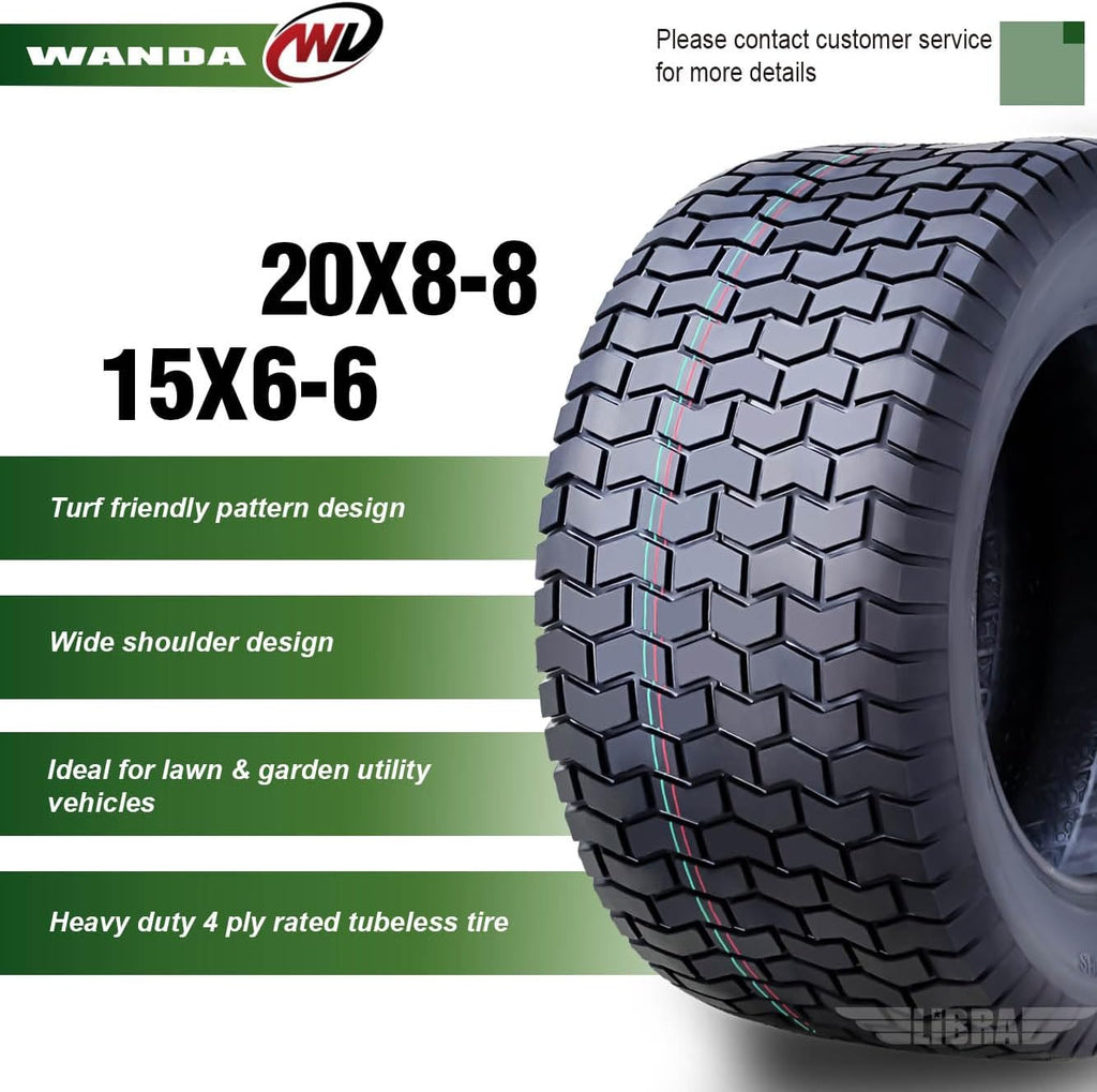 WANDA Set 4 Lawn Mower Turf Tires 15x6-6 Front & 20x8-8 Rear /4PR