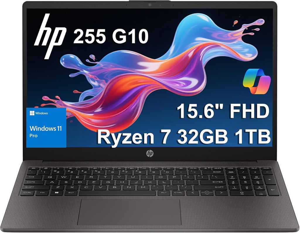 HP 255 G10 Business Laptop (15.6' FHD Anti-glare, AMD Ryzen 7 7730U (> Intel i7-1355U) 32GB RAM, 1TB SSD) for Home, Student, Military Grade, Webcam w/Shutter, Numeric Keypad, Wi-Fi 6, Win 11 Pro