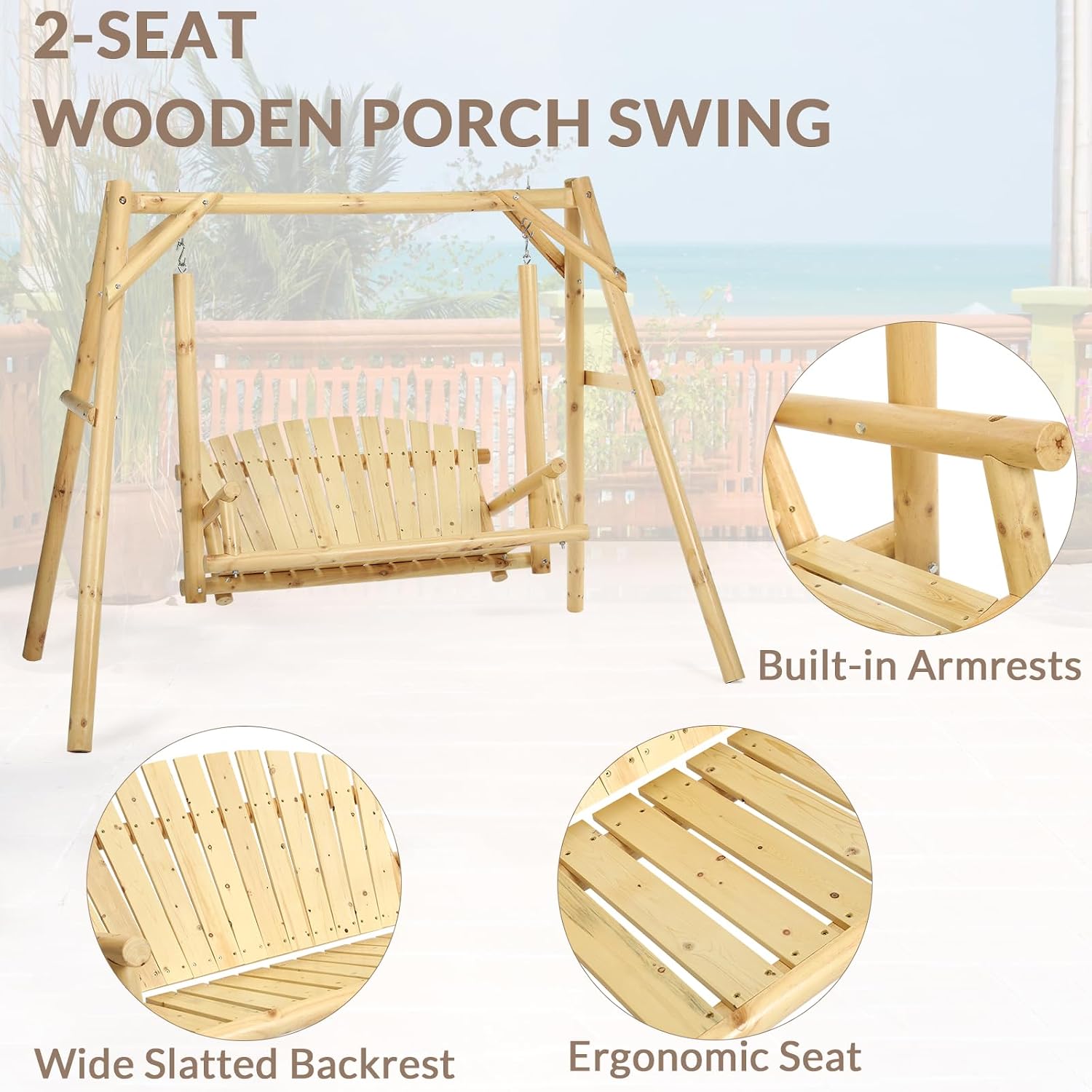 2-Seat Wooden Log Porch Swing With Stand, Rustic Hardwood Chair Bench, Curved Back, for Outside Yard, Garden, Deck, Poolside, Natural