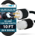 IronBox Electric - Heavy-Duty NEMA L14-30 Generator Extension Cord - L14-30P Plug to L14-30R Connector - Rated for 30 Amps 125/250V 8/4 SOOW 4 Prong Generator Cord - Power Cable for Generators(10 ft)
