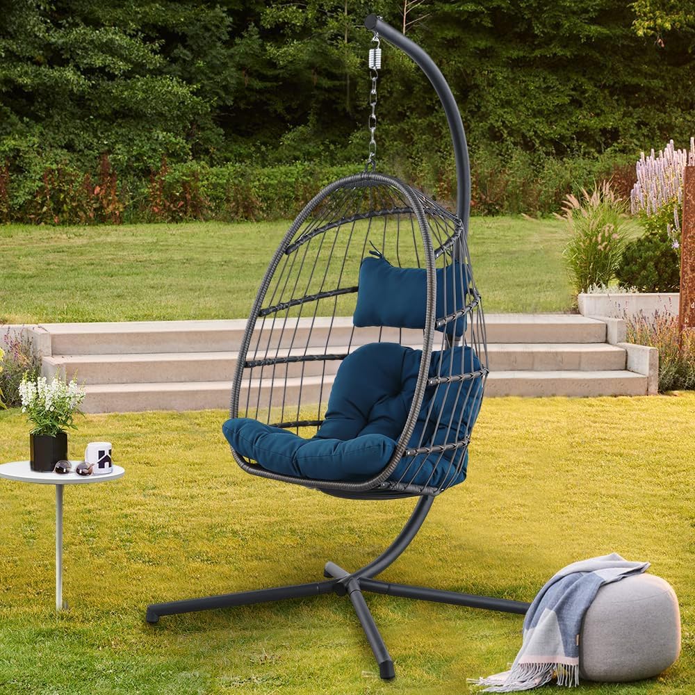 Indoor Outdoor Patio Wicker Hanging Chair Swing Chair Patio Egg Chair UV Resistant Cushion Aluminum Frame (Teal Blue)