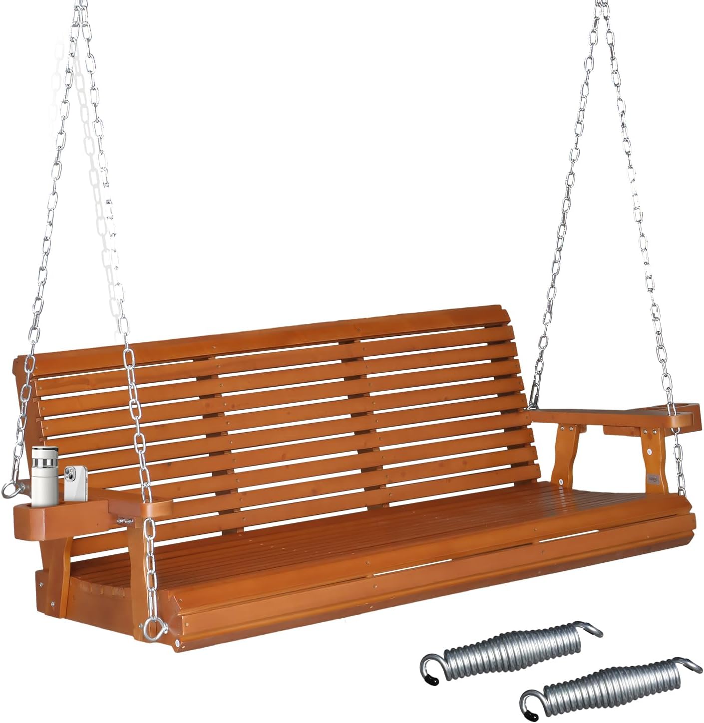 VINGLI XL Size Patio Wooden Porch Swing Outdoor with Cup Holders & Phone Slots, Heavy Duty 880 LBS Hanging Swing Chair Bench with Hanging Chains for Yard, Lawn, Garden (5 FT Pro, Brown)