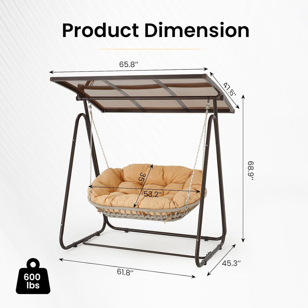 2-Seat Outdoor Patio Porch Swing with Polycarbonate (PC) Canopy, All-Weather Outdoor Swing Chair with 4.7' Thick Cushion and Hand-Woven Rope, Heavy Duty Steel Frame for Patio, Garden, Khaki