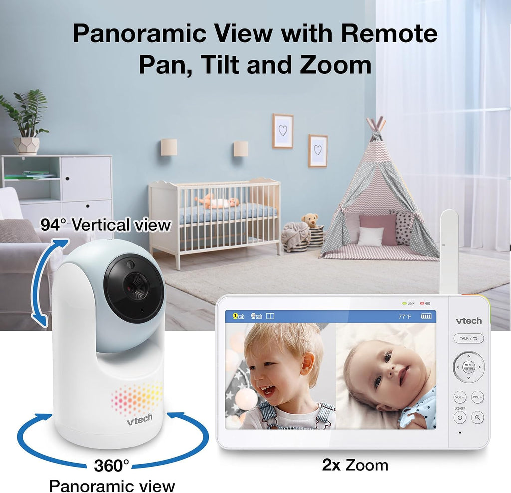 VTech 2-Cameras Video Baby Monitor with 7' Color LCD Screen, Rechargeable Battery, Video and Audio Streaming, Pan-Tilt-Zoom, Touch Multi-Color Night Light, Two-Way Talk: Advanced Max Twin (Blue)