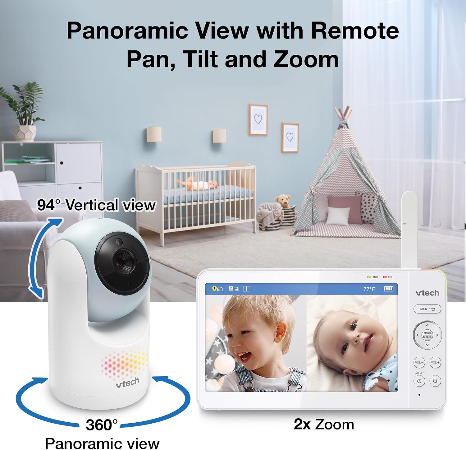 VTech 2-Cameras Video Baby Monitor with 7' Color LCD Screen, Rechargeable Battery, Video and Audio Streaming, Pan-Tilt-Zoom, Touch Multi-Color Night Light, Two-Way Talk: Advanced Max Twin (Blue)