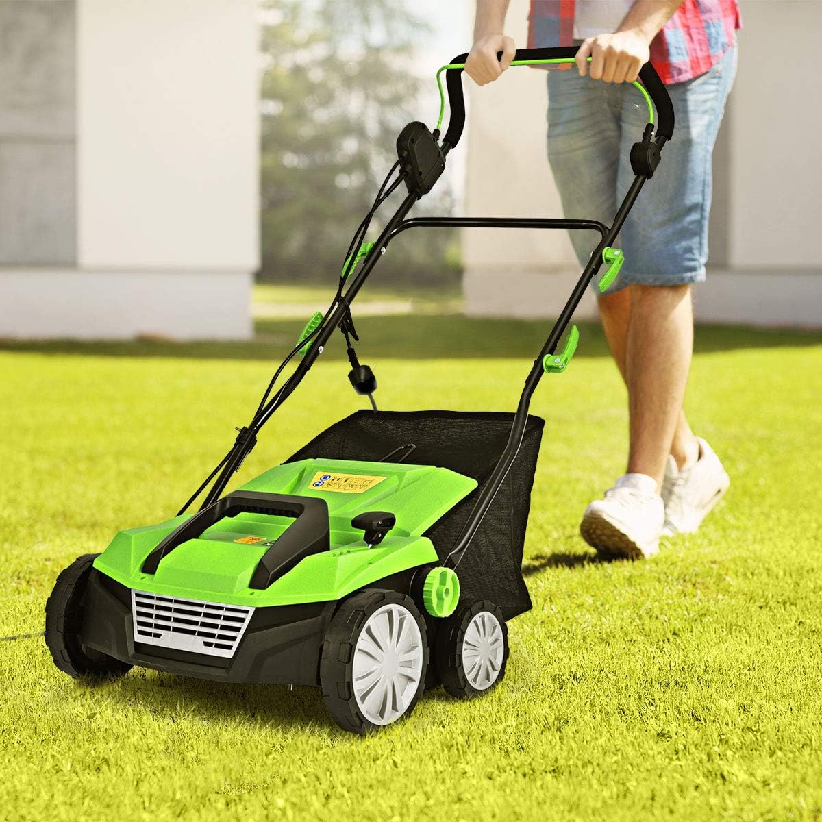 Goplus 2-in-1 Electric Corded Lawn Dethatcher with 5 Cutting Heights, 15-Inch 13 Amp Electric Scarifier w/ 13.5 Gallon Collection Bag, 2 Removable Blades for Garden Yard