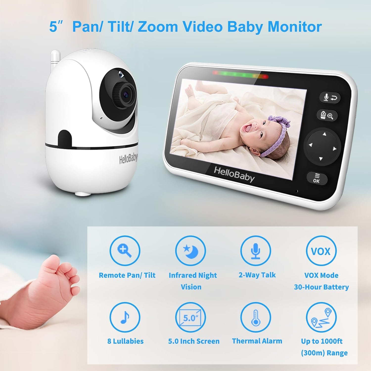 HelloBaby 5' Screen Baby Monitor with 4 Cameras - No WiFi HB6550 Video Baby Monitor, Pan-Tilt-Zoom, 26 Hour Battery, ECO, Night Vision, Temperature Sensor & 2-Way Audio, 8 Lullabies, 1000ft Long Range