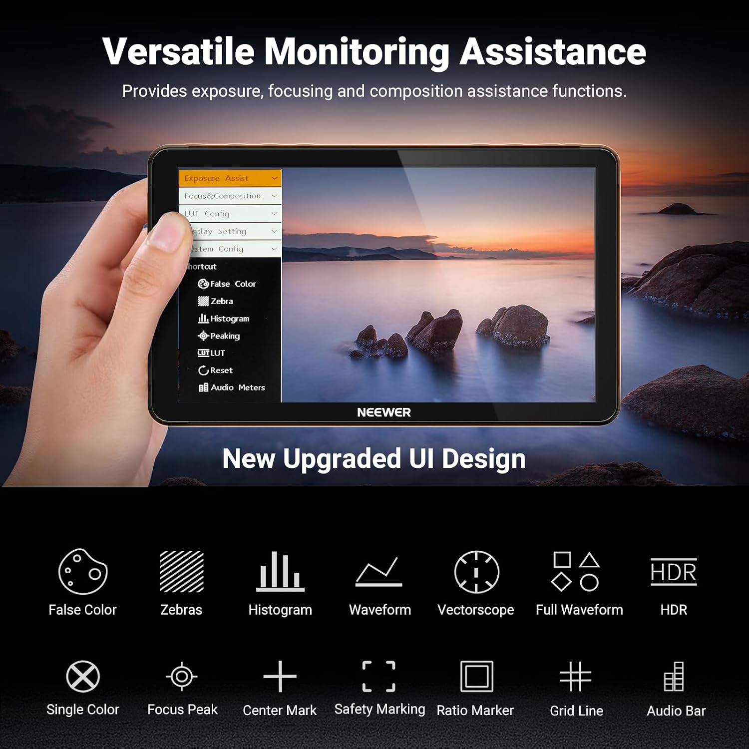 NEEWER 7' DSLR Camera Field Monitor, 1200nits 1920x1080 Touchscreen, 4K HDMI Loop in/Out with 3D LUT Peak Focus Video Assist HDR Waveform/SDI/2 4400mAh F750 Batteries for Photography Filmmaking, F700U