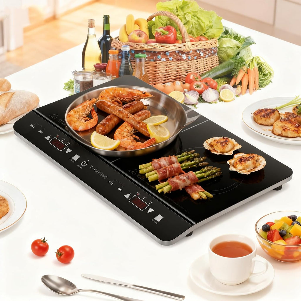 Double Induction Cooktop, 1800W Powerful Induction Burners with 2 Large 8' Heating Coils, 2 Burner Portable Cooktop with 9 Power Settings, 180 Mins Timer & Child Safety Lock, Black