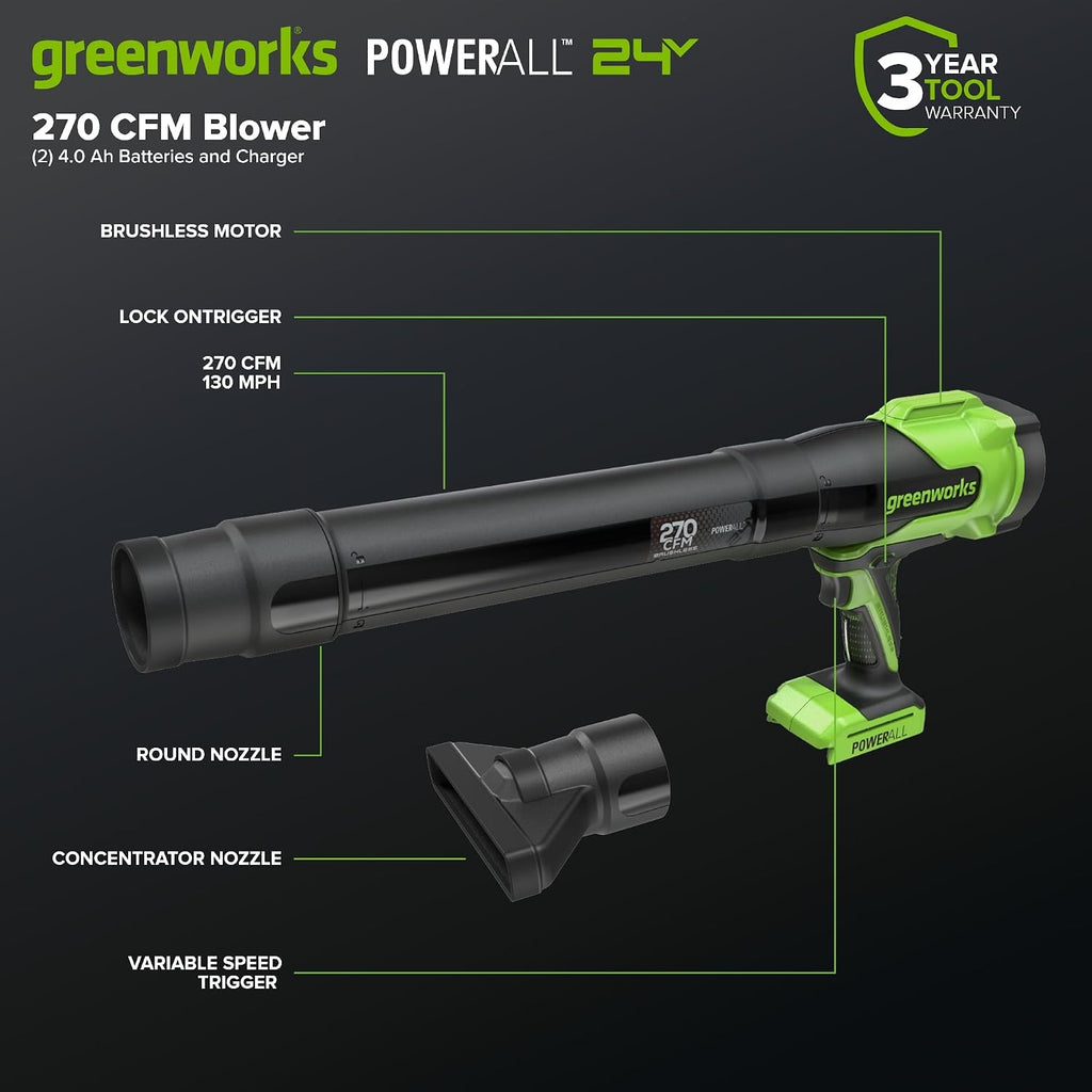Greenworks 48V (24V x 2) 17' Brushless Push Mower + 270 CFM/130MPH Blower + 12' String Trimmer Combo with (2) 4.0Ah Batteries, 65W Type-C Charger & (2) 3-ft Cables