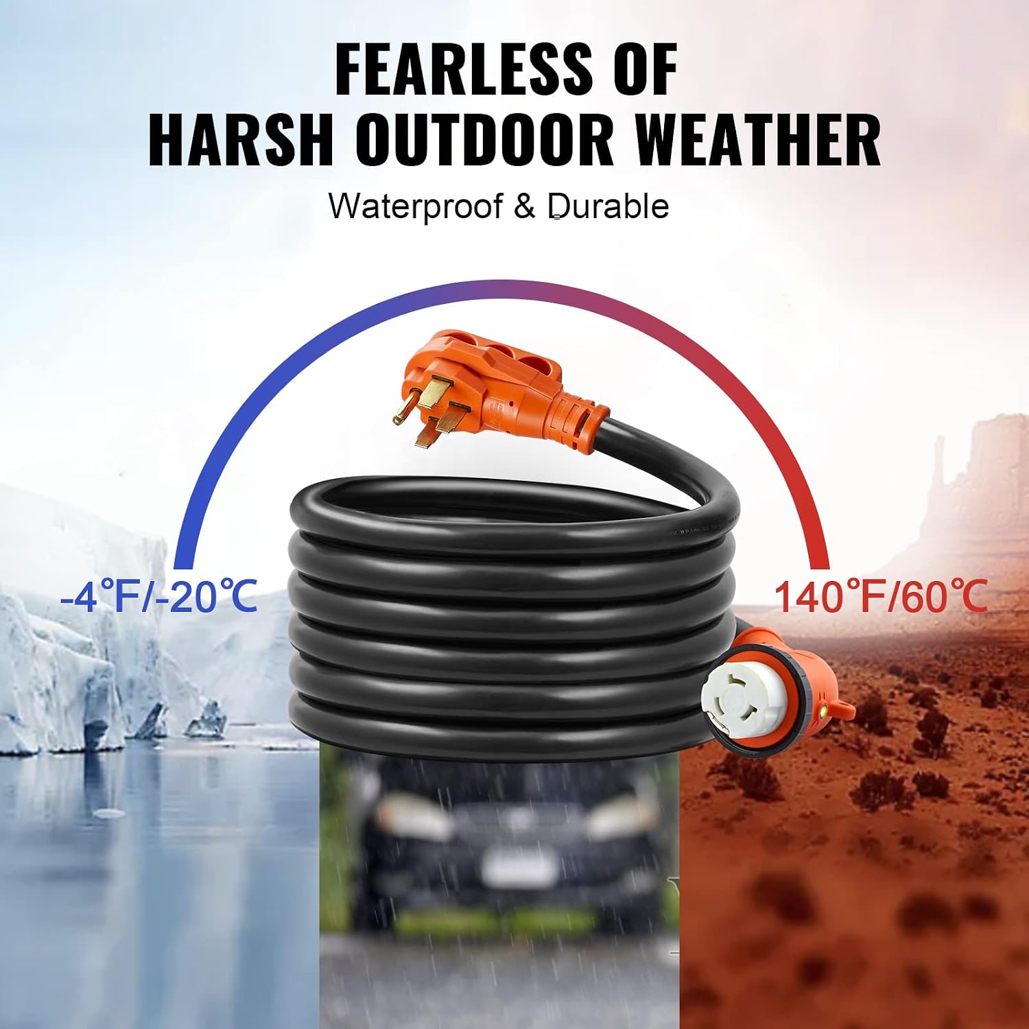 VEVOR 30FT 50 Amp RV Extension Cord, 6/3+8/1 AWG Pure Copper STW Power Cord 125V/250V 12500W, NEMA 14-50P to SS2-50R with LED Indicator & 15A Adapter, ETL Listed for RV Camper Generator EV Charger