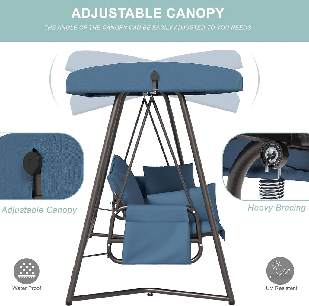3-4 Seat Oversized Outdoor Porch Swing with Adjustable Backrest Canopy,2-in 1 Swing Bed with Stand 800 lbs Capacity,Patio Swing Chair with Removable Cushions for Yard Garden Poolside Balcony