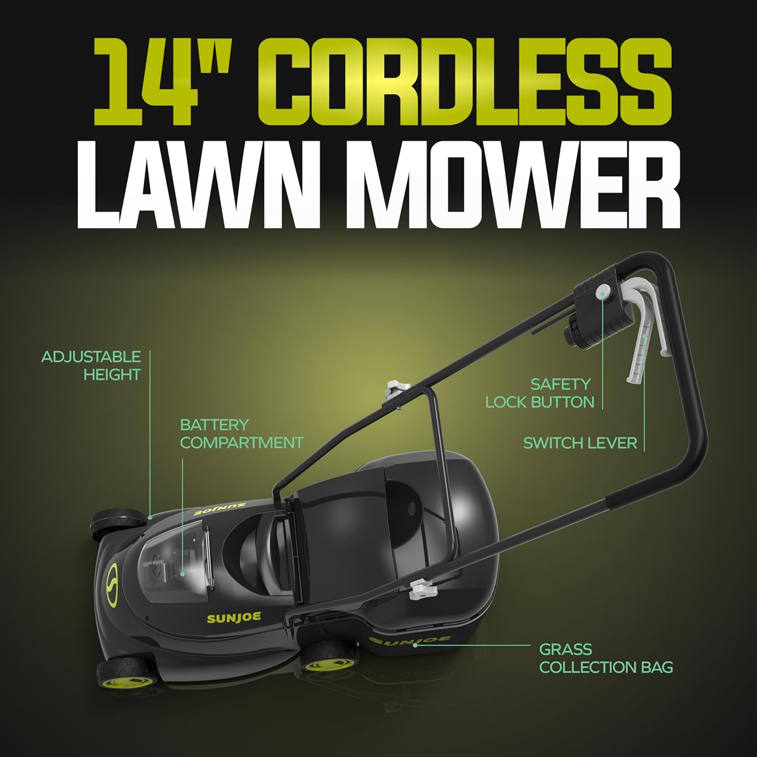 Sun Joe MJ24C-14-XR 24V IONMAX Walk-Behind Lawn Mower with 600W Motor, 14-Inch Mowing Width, Includes Collection Bag, Battery, and Charger