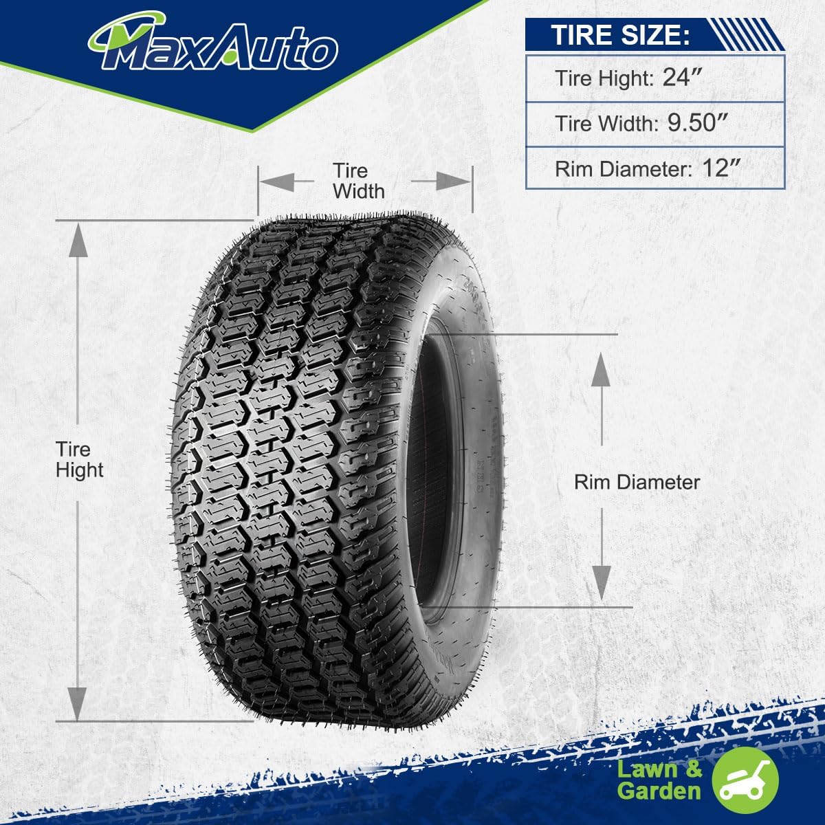 MaxAuto 2Pcs 24X9.50-12 Lawn Mower Tires 24x9.5x12 Riding Tractor Turf Tire 4PR Load Range B