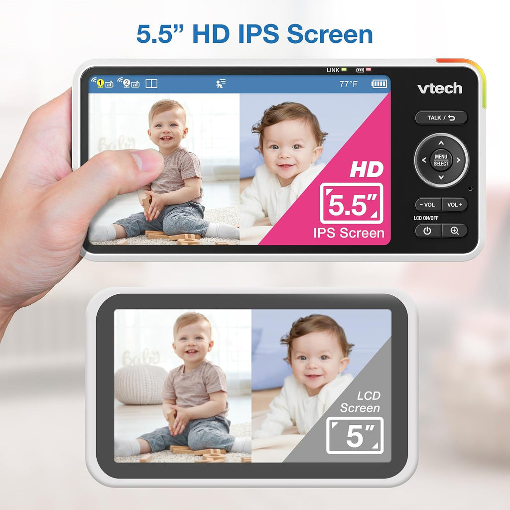VTech Smart HD Plus Twin 2-Camera Smart WiFi Baby Monitor – 2K Cameras, 5.5' HD Split-Screen, 24X Zoom, Free App, Multi-Color Night Light