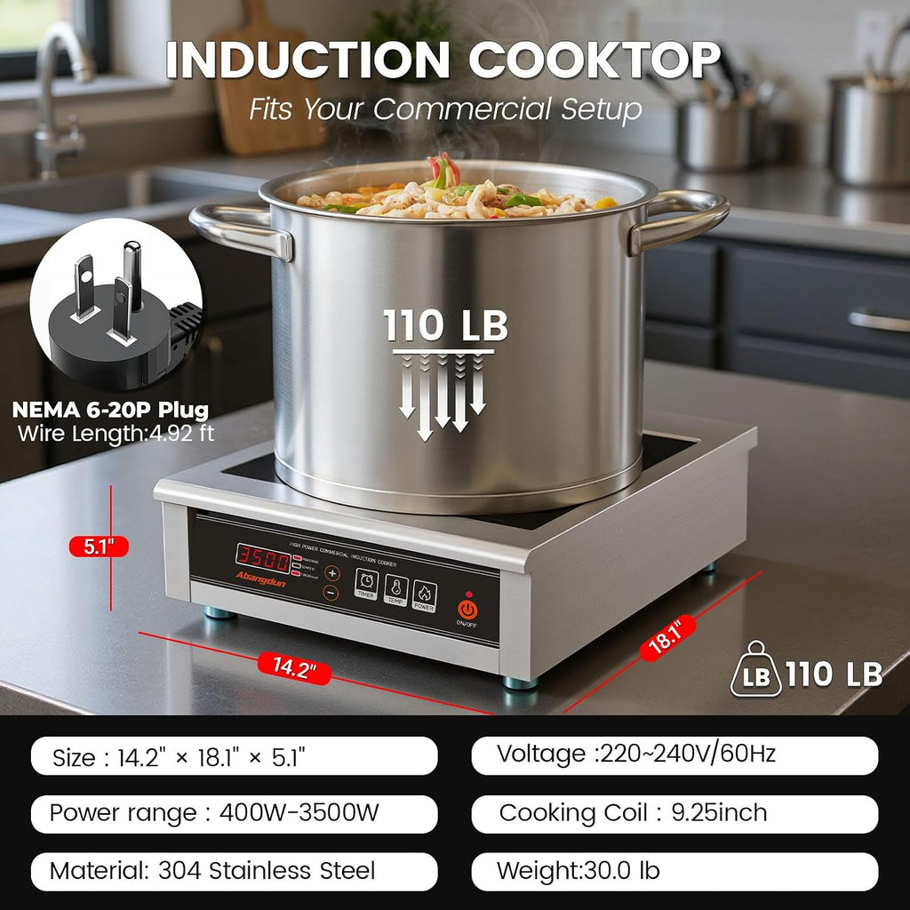 3500W Commercial Induction Cooktop, 240V Single Induction Burner with 18-Hour Timer, High-Efficiency Induction Heater for Restaurant & Catering