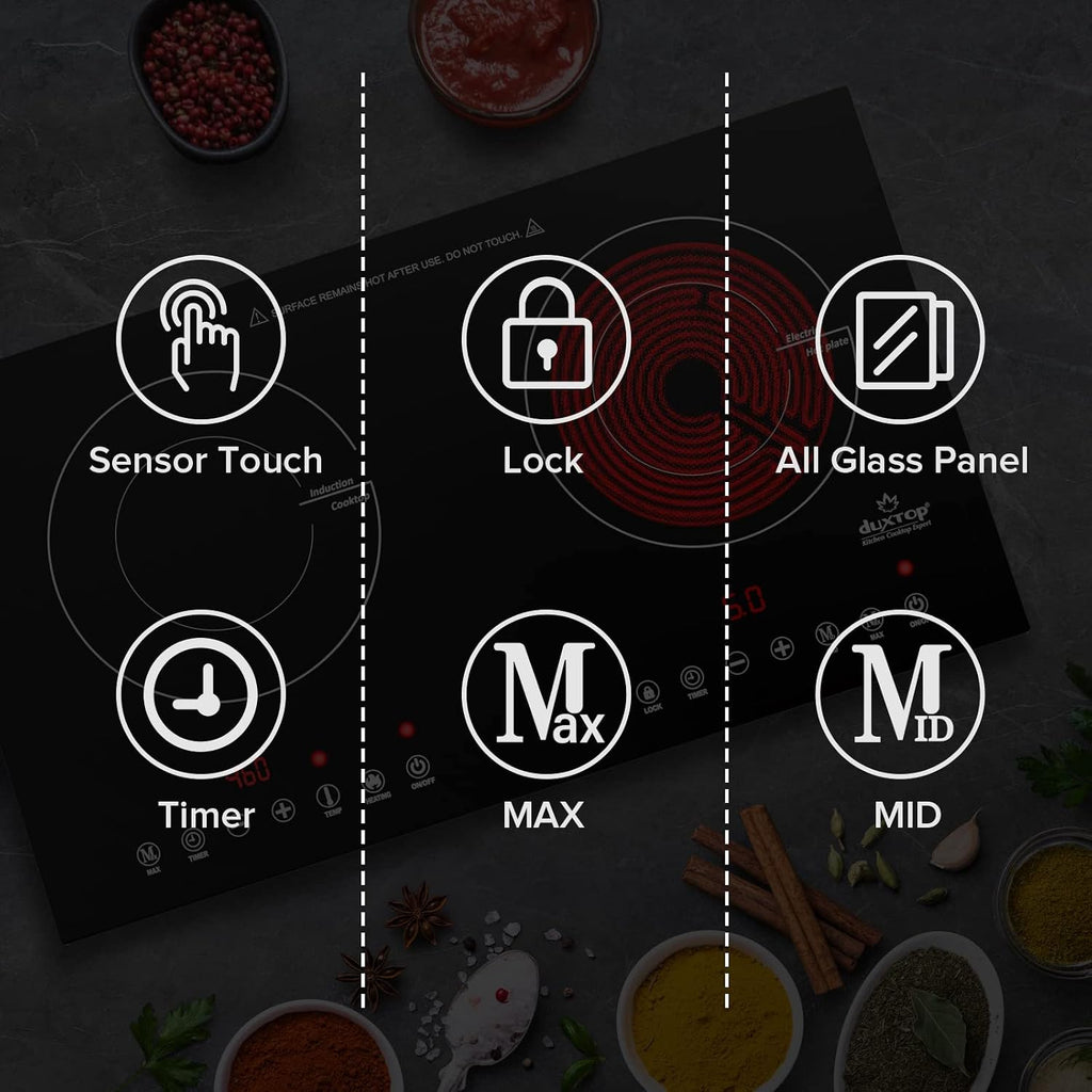 Duxtop 1800W Induction Cooktop 2 Burner, Built-In Induction Burners, Double Induction and Infrared Cooktop, Electric Hot Plate for Cooking, Electric Stove with Sensor Touch Control, 9820HLBI