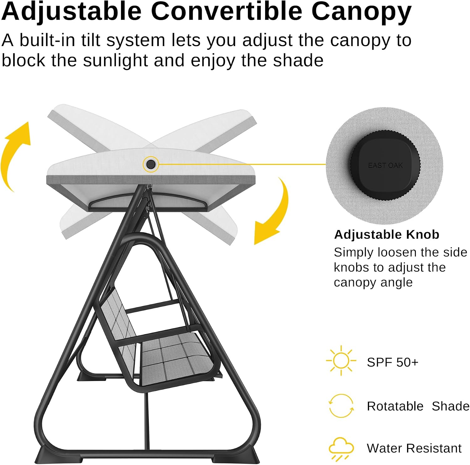 East Oak 3-Person Porch Swing with Adjustable Canopy, Outdoor Patio Swing Chair with Comfortable and Breathable Seats, Outdoor Swing Chairs for Balcony, Garden, Backyard, Black
