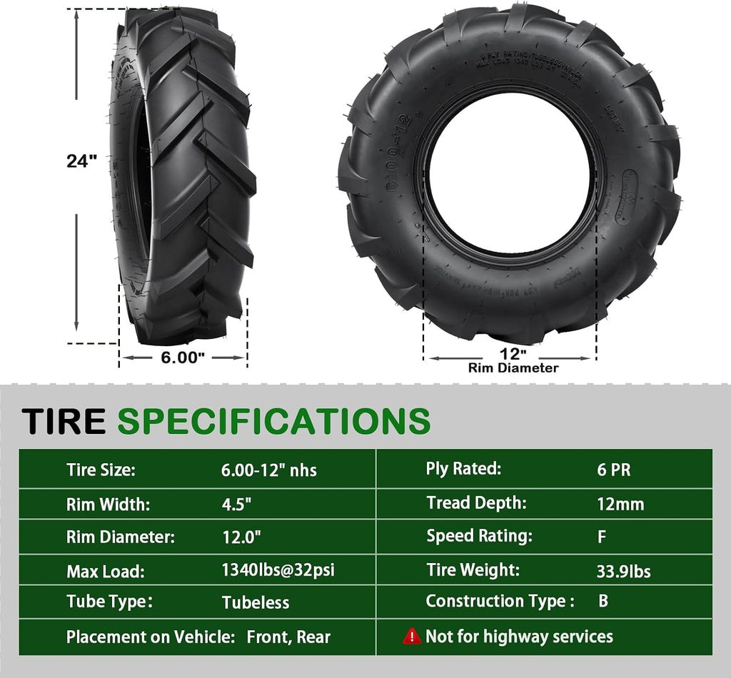 TRIPOWER 6-12 Farm Tractor Tires, Set of 2, 6x12 NHS Garden AG Tires Compatible with Kubota B7100 Series, 6-Ply Tubeless, Tire Only, Rim Not Included