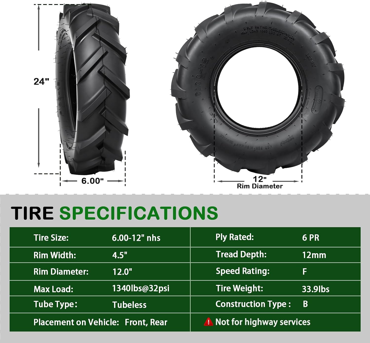 TRIPOWER 6-12 Farm Tractor Tires, Set of 2, 6x12 NHS Garden AG Tires Compatible with Kubota B7100 Series, 6-Ply Tubeless, Tire Only, Rim Not Included