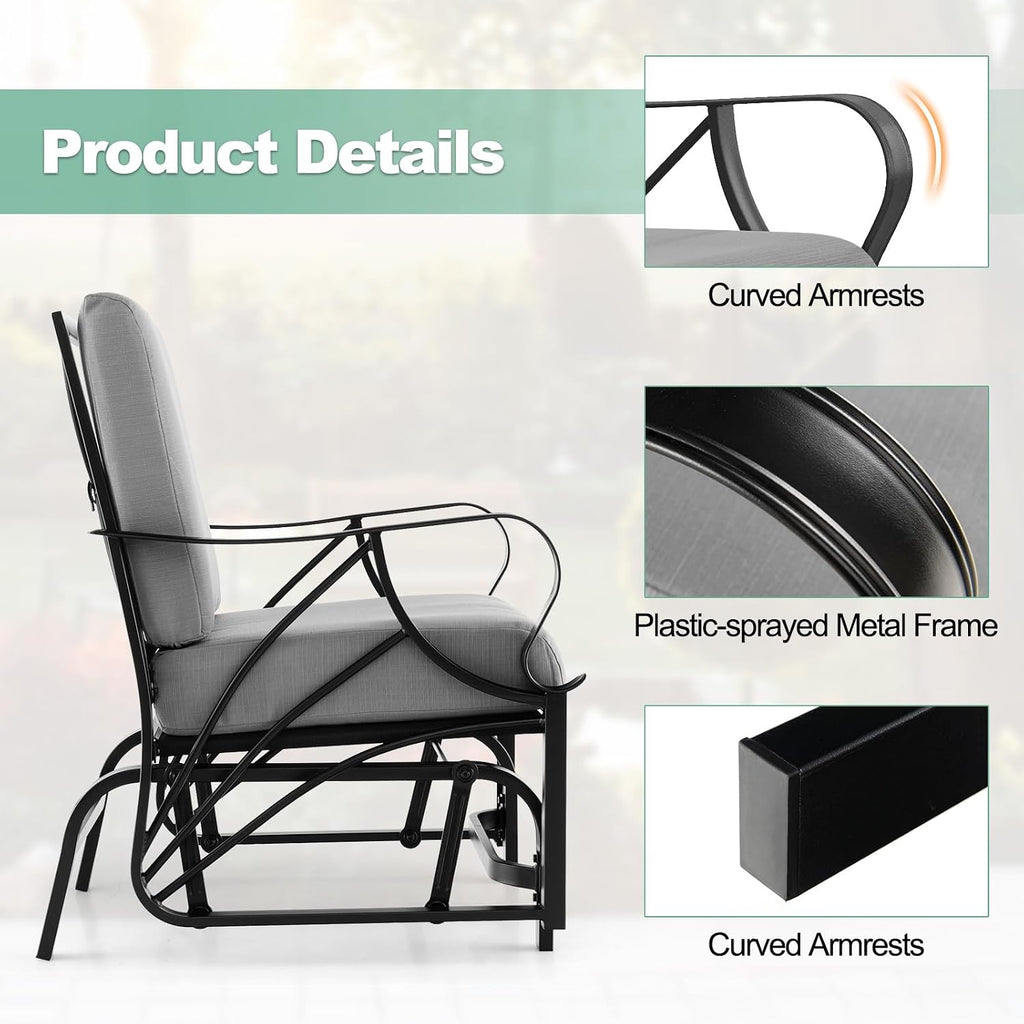 Tangkula Outdoor Patio Glider, Metal Framed Gliding Chair with Cushion, Ergonomic Single-Person Outdoor Patio Chair with Curved Armrest, Smooth Rocking Arms for Porch, Patio (1)